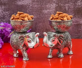 Golden metal elephant idols with dry fruit bowl, decorative showpiece for home, Indian origin, 13cm x 13cm x 9cm, set of 2