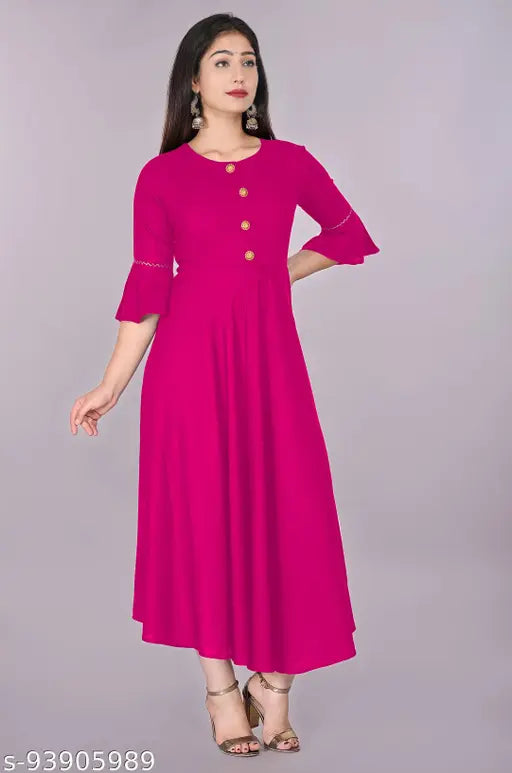 Trendy pink rayon flared kurti for women, solid design, 3/4 sleeves, suitable for casual and formal occasions