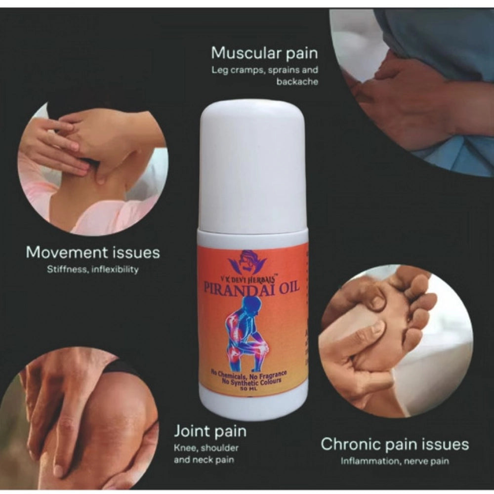 Natural, chemical-free Devi Herbal Pirandai Pain Relief Oil (50 ML) for muscle soreness, body aches, and inflammation relief after physical activity or long work hours. On bottle with traditional herbal ingredients label
