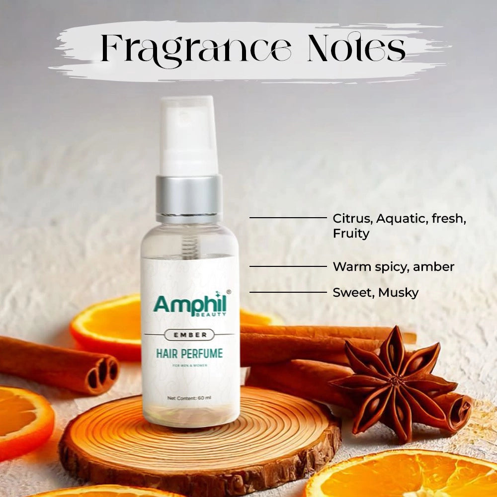 Transparent water-based Ember Unisex Hair perfume (60 ml), alcohol-free & paraben-free, apple, bergamot, lemon, cinnamon scent - ideal for travel or any occasion