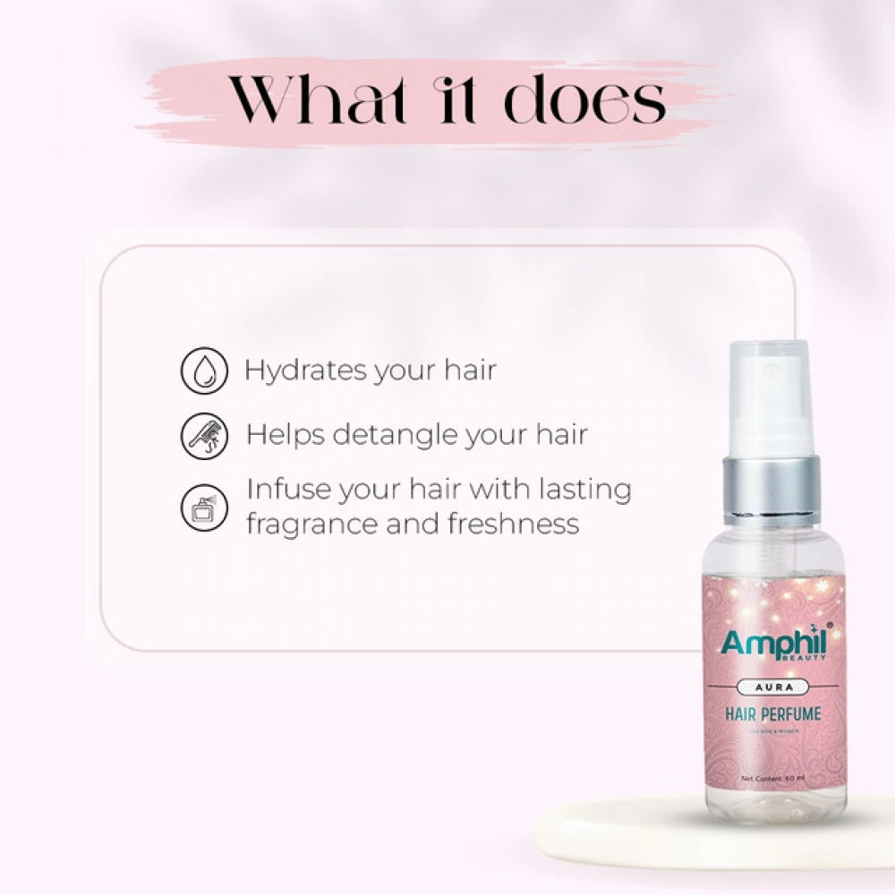 Transparent water-based unisex hair perfume, alcohol-free & paraben-free - Amphil beauty Aura perfume travel bottle with zesty bergamot, bright lemon, and creamy coconut scent