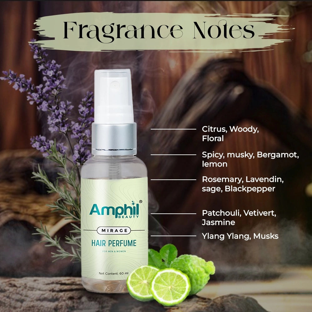 Transparent water-based, paraben-free unisex hair perfume (60ml), features bergamot and lemon fragrance for everyday or special occasions