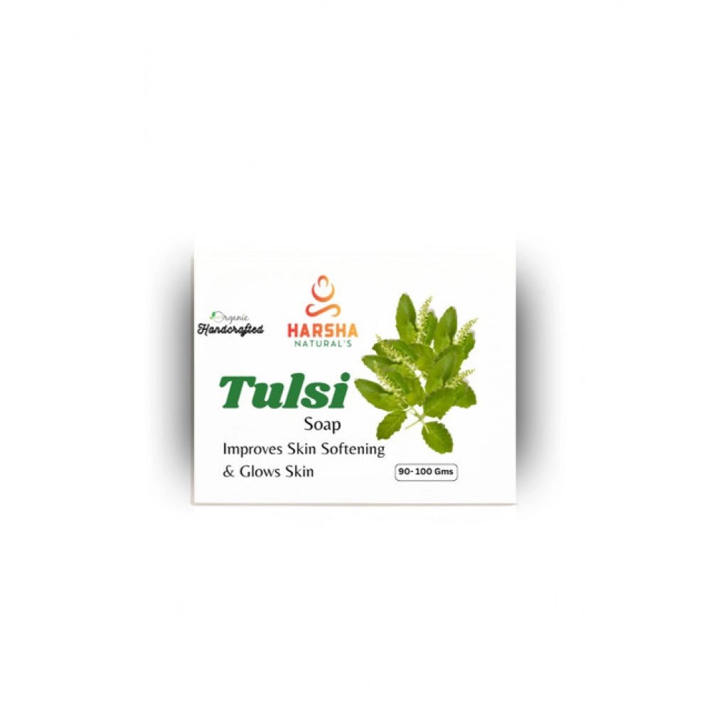 Green Harsha Naturals Tulsi soap (100GM), natural skincare product with Tulsi extract and glycerine, for all skin types on bathing soap dish