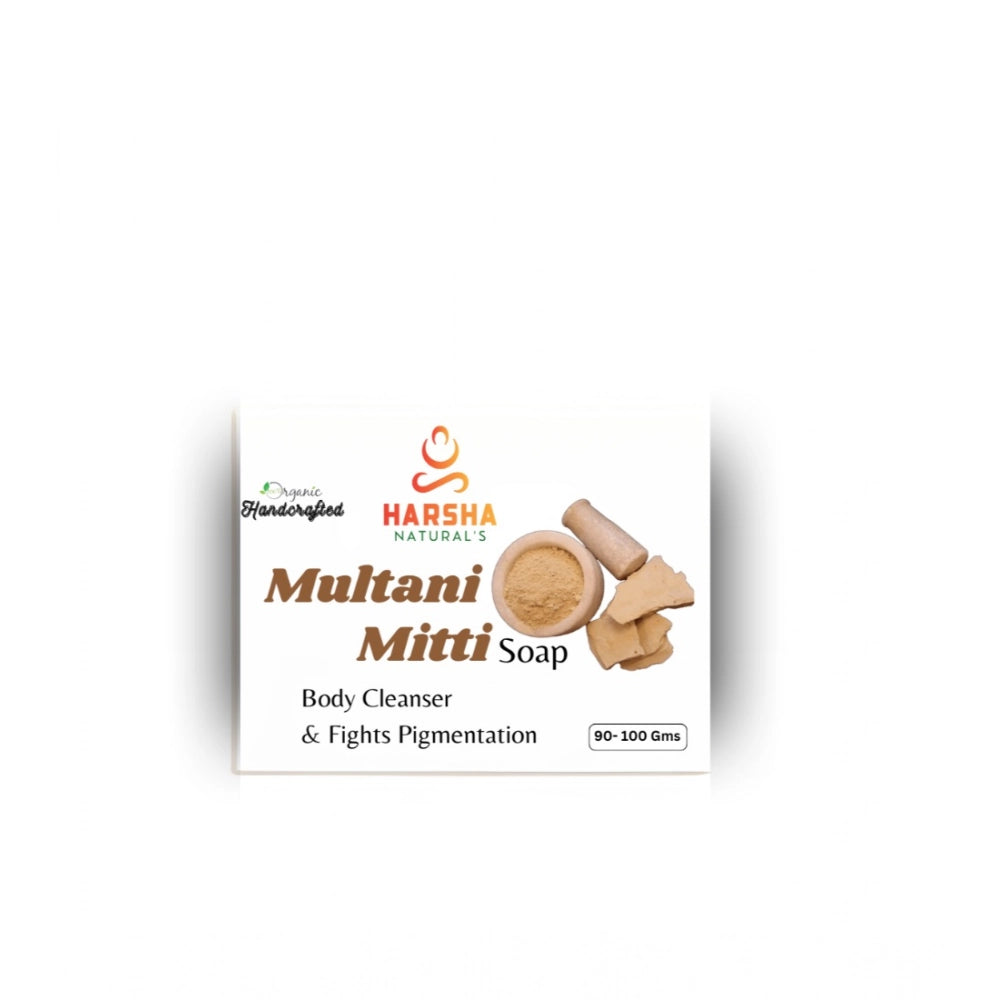 Gold Harsha Naturals Multani Mitti soap, pack of 2 (100GM each) for natural skincare with coconut oil, olive oil, aloe vera extract, and neem extract on white background