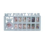 Multicolor acrylic newborn photo frame with labeled slots for 12-month memory tracking, ideal for nursery decor