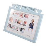 Multicolor acrylic first year baby photo frame, captures 0-11 months' journey with labeled slots and large 1-year space. Charming soft pastel heart accents for nursery decor