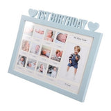 Multicolor acrylic first year baby photo frame, captures 0-11 months' journey with labeled slots and large 1-year space. Charming soft pastel heart accents for nursery decor