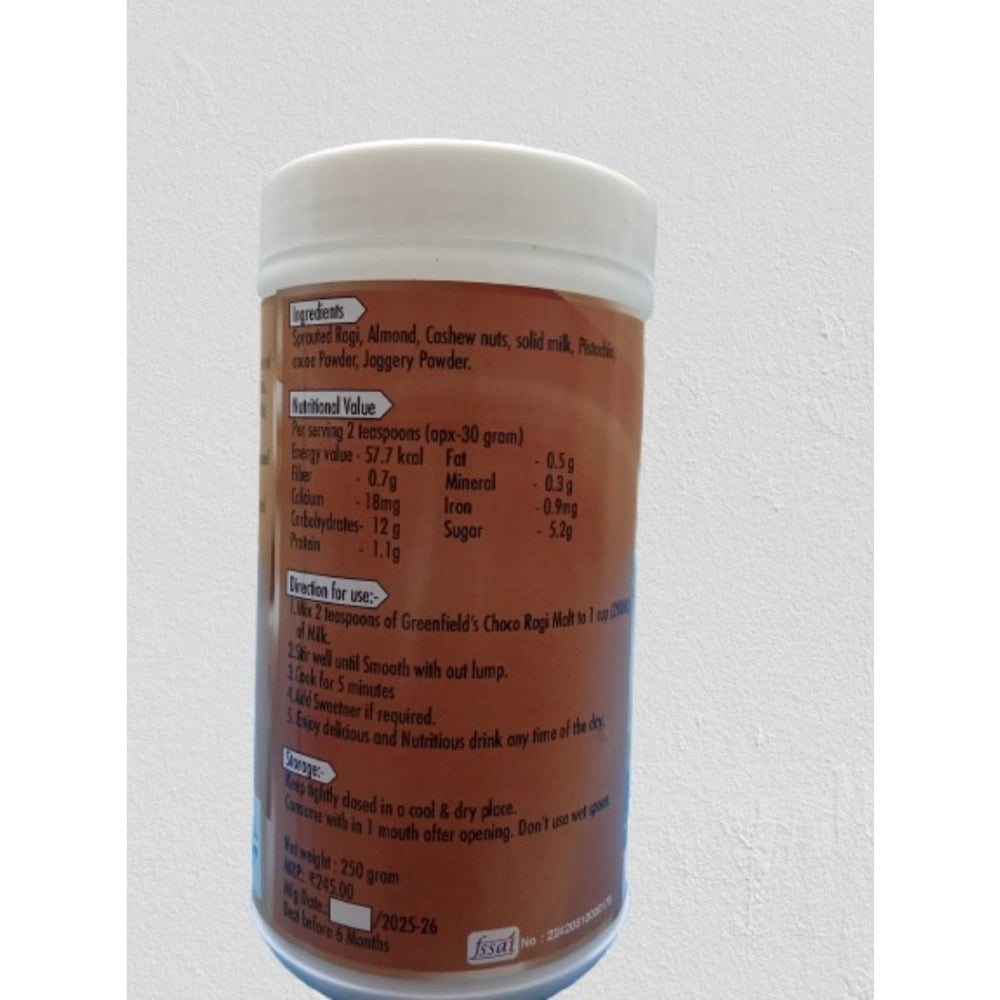 Greenfield's Sprouted Choco Ragi Malt (250GM) - Rich green powder with almonds, cashews, pistachios, cocoa, jaggery for nutritious drinks or porridge