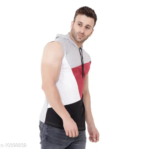 Multi-colored cotton blend sleeveless hood t-shirt, vibrant colorblocked design for men or women, showcased on a clothing hanger