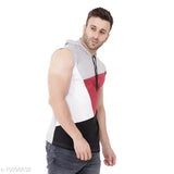 Multi-colored cotton blend sleeveless hood t-shirt, vibrant colorblocked design for men or women, showcased on a clothing hanger