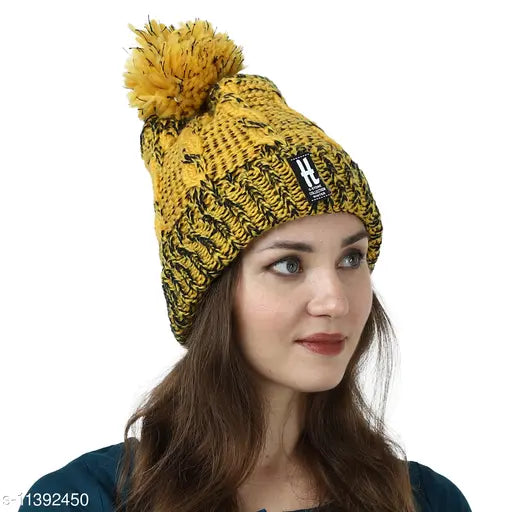 Woolen wool double-shade beanie with pom-pom, solid pattern cap for women, handmade in India