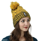 Woolen wool double-shade beanie with pom-pom, solid pattern cap for women, handmade in India