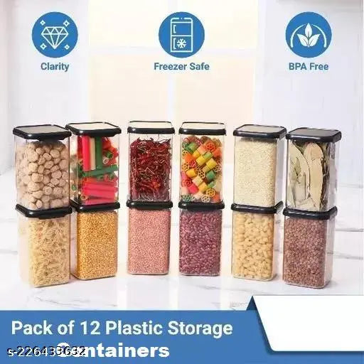 Airtight black plastic dry fruit jars (1100 ML each, set of 12), clear design for kitchen storage organization and easy cleaning