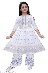 White color printed rayon kid's Naira cut kurta set with palazzos, trendy and comfortable clothing for girls, India origin