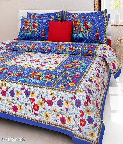 Traditional Jaipuri Print cotton 2 double bed sheets combo, orange and blue with 4 pillow covers - Indian Queen size multipack