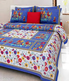 Traditional Jaipuri Print cotton 2 double bed sheets combo, orange and blue with 4 pillow covers - Indian Queen size multipack