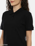 Cotton women's collared T-shirt, solid pattern, short sleeves, XS (16in bust, 23in length) - elegant Cottsberry design from India