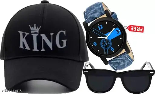 Blue leather belt with analog watch and black polarized sunglasses for men and boys, KING printed CACP design