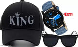 Blue leather belt with analog watch and black polarized sunglasses for men and boys, KING printed CACP design