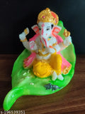 Multicolor marble Ganesh statue, 5" tall, seated on paan leaf - Indian home decor gift