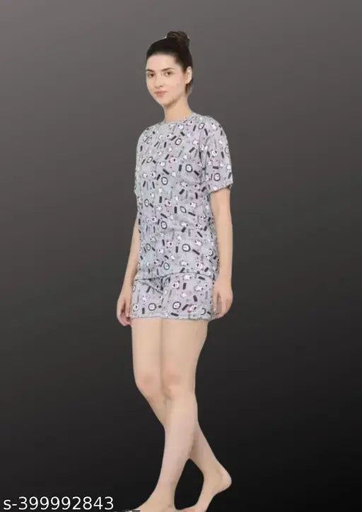 Cotton printed night suits for women, 2-piece set with short sleeves and stretchable comfort fabric, available in S, M, L, XL