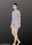Cotton printed night suits for women, 2-piece set with short sleeves and stretchable comfort fabric, available in S, M, L, XL