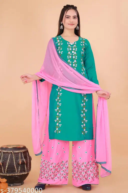 Rayon Anarkali floral printed kurta pant set with dupatta, embroidered three-quarter sleeves for women, India origin
