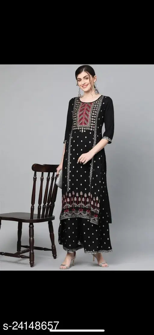 Trendy rayon rayon print net kurta with palazzos, three-quarter sleeves, suitable for M, L, XL, XXL sizes. Stunning traditional Indian outfit for any occasion