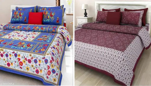 Sanganeri Print cotton double bed sheets set, 4 pillow covers included for queen-sized beds, showcasing traditional Indian design