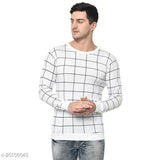 Vimal Jonney men's white cotton blend round-sleeve t-shirt with windowpane checks pattern, size M/38in-27.5in, Indian origin