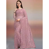 Women's Net Self Design Saree With Unstitched Blouse 5.5Mtr (Light Brown)