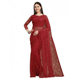 Women's Net Self Design Saree With Unstitched Blouse 5.5Mtr (Maroon)