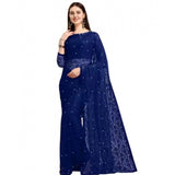 Women's Net Self Design Saree With Unstitched Blouse 5.5Mtr (Navy Blue)