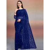 Women's Net Self Design Saree With Unstitched Blouse 5.5Mtr (Navy Blue)