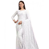 Women's Net Self Design Saree With Unstitched Blouse 5.5Mtr (White)