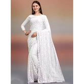 Women's Net Self Design Saree With Unstitched Blouse 5.5Mtr (White)