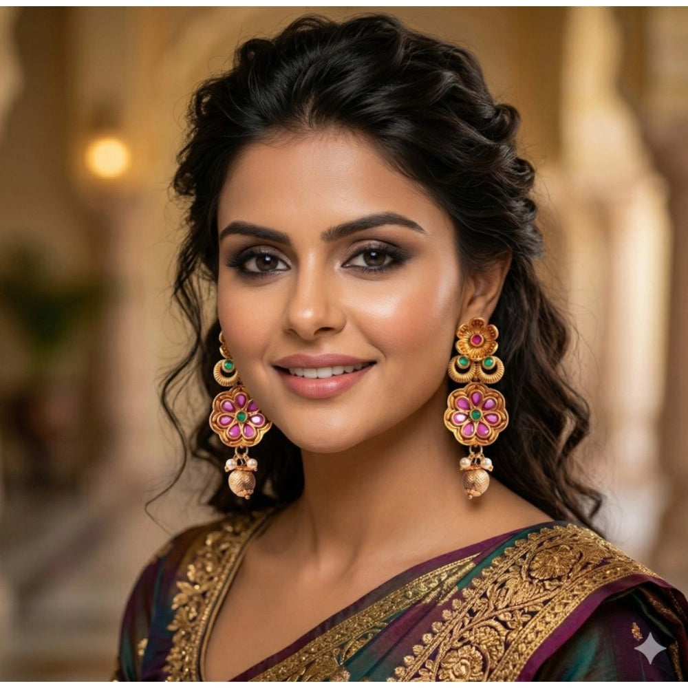 Multi-colored zinc alloy gold-plated jhumka earrings for women, avoid water and harsh chemicals