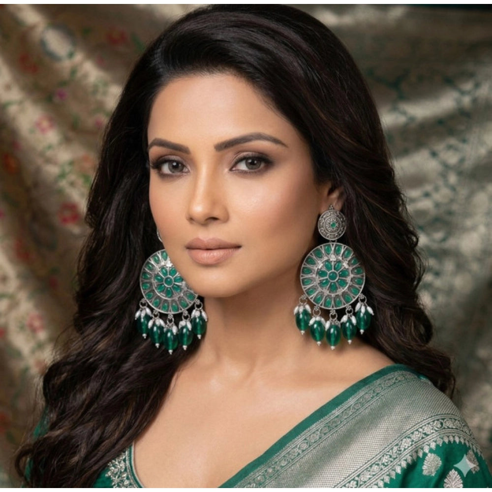Multicolor zinc alloy gold-plated chandbali earrings on display, avoid contact with water, perfume, and harsh chemicals