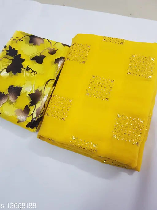 Chiffon Nazmin saree with unstitched organza blouse, foil printed net, Indian origin