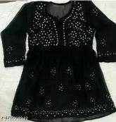 Red Georgette Long-Sleeve Chikankari Kurti Top, Indian Lucknowi Short Gown