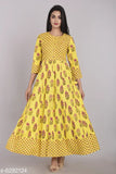 Yellow cotton flared printed kurti for women, three-quarter sleeves, Indian handcrafted fashion on mannequin