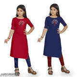 Modern Indian cotton kurti combo for cute girls, self-design net pattern, long sleeves, size range from 6-15 years