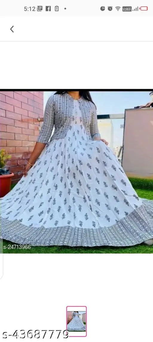 Trendy white-black printed rayon dress with jacket, versatile for work or family functions, Indian origin