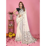 Off-white linen cotton printed saree with unstitched blouse, versatile for Indian fashion events