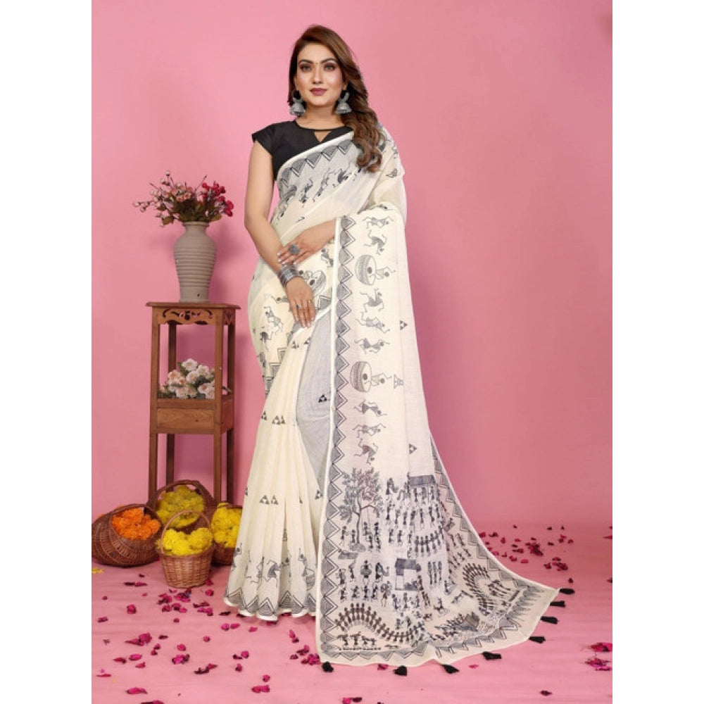 Off-white linen cotton printed saree with unstitched blouse, vibrant floral pattern for women's traditional wear