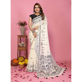 Off-white linen cotton printed saree with unstitched blouse, vibrant floral pattern for women's traditional wear