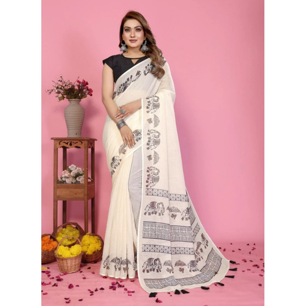 Off-white linen cotton printed saree with unstitched blouse, vibrant floral pattern on display