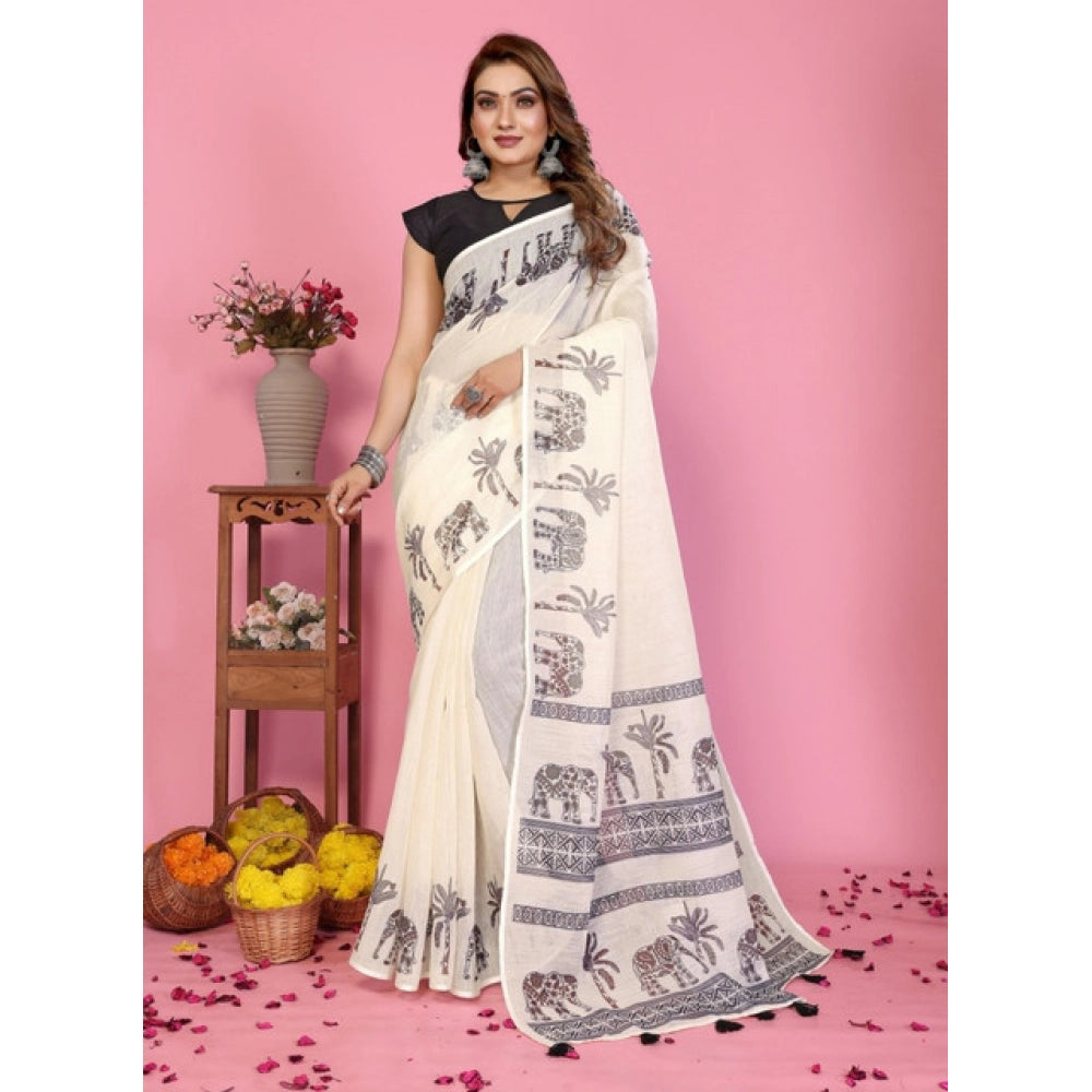 Off-white linen cotton printed saree with unstitched blouse, vibrant Indian design on display