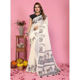 Off-white linen cotton printed saree with unstitched blouse, vibrant Indian design on display