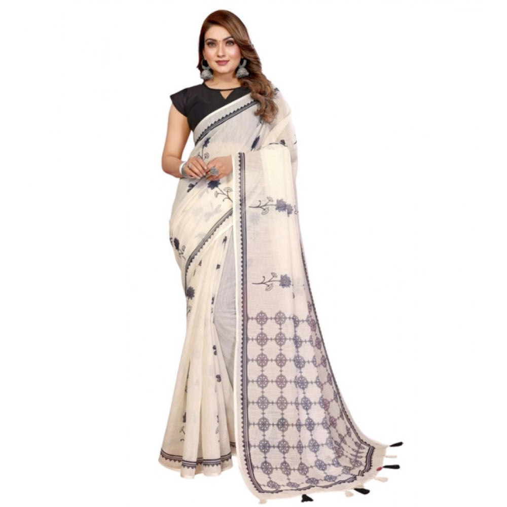 Off-white linen cotton printed saree with unstitched blouse, vibrant floral pattern on display